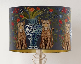 Exotic Leopard lampshade on Dark Charcoal Grey with gold lining,  Botanical Handmade Luxury Designer lamp shade for Summer spring decor