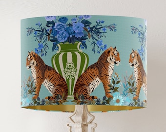 Paralume Tiger: stampa botanica cinese, acquamarina e oro