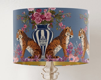 Floral Tiger lampshade on Blue with gold lining, colourful tropical lamp shade for table lamp pendant, luxury handmade designer jungle theme