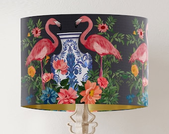 Pink Flamingo lampshade on Dark Charcoal Grey with gold lining,  Bold and colourful tropical botanical handmade luxury designer lamp shade