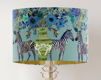 Floral Zebra lampshade on Aquamarine with gold lining, Botanical Blue Green mint lamp shade for table lamp or pendant, handmade in the UK