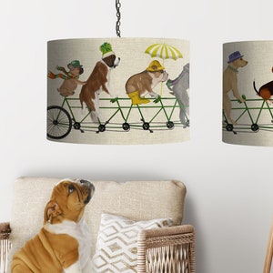 Lamp shade Dog Tandem drum lampshade dog lover gift dog nursery lampshade pendant dog on bike dog decor theme childrens bedroom kids room image 3