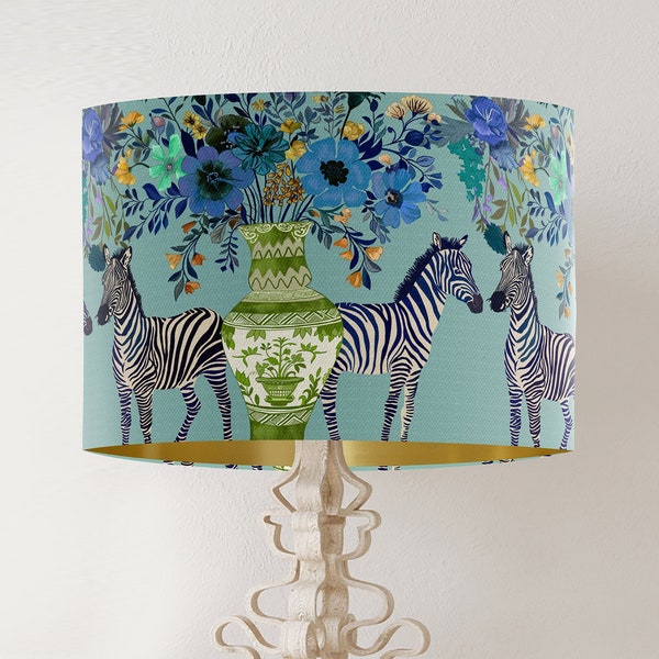 Floral Zebra lampenkap op Aquamarijn met gouden voering, Botanische Blauw Groene mint lampenkap voor tafellamp of hanger, handgemaakt in het Verenigd Koninkrijk