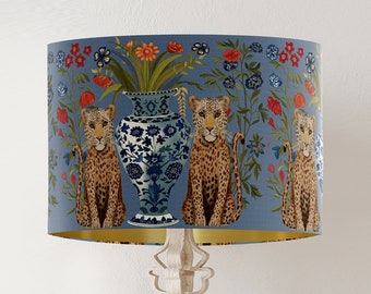Leopard lampshade on Blue with gold lining, Tropical Beautiful Floral Botanical lamp shade for table lamp, luxury summer and spring decor