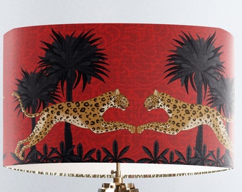 Leopard drum lampshade Animal print lampshade Tropical lampshade Palm trees lampshade Red bedroom decor Designer room decor African style