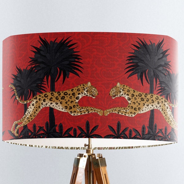 Leopard drum lampshade Animal print lampshade Tropical lampshade Palm trees lampshade Red bedroom decor Designer room decor African style
