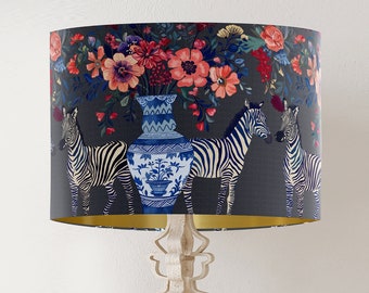 Floral Zebra lampshade on Dark Charcoal Grey with gold lining, Beautiful botanical handmade luxury lamp shade for table lamp or pendant