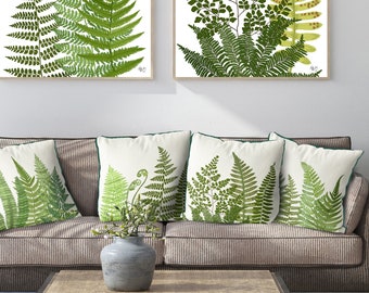 Set of 4 Botanical Pillow Covers, Green Fern Cushions for Natural & Botanical Decor Perfect Spring Decor Idea for Garden Room or Boho Style