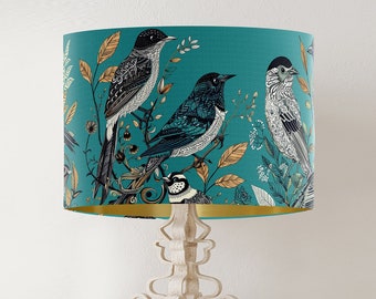 Fancy Flock Bird Lampshade, Turquoise Blue - Large lamp shade with gold lining, botanical lampshade for table lamp or pendant