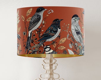 Fancy Flock Bird Lampshade, Rust Terracotta - Large lamp shade with gold lining, botanical lampshade for table lamp or pendant Burnt Orange