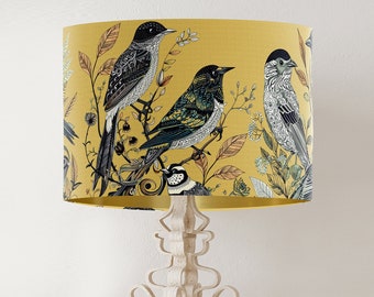 Fancy Flock Bird Lampshade, Yellow - Large lamp shade with gold lining, botanical lampshade for table lamp or pendant Summer spring decor