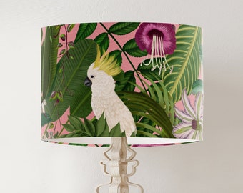 Rainforest Pink Lamp Shade - Green tropical lampshade, parrots, monkeys & white cockatoo, pink and green drum lampshade tropical decor