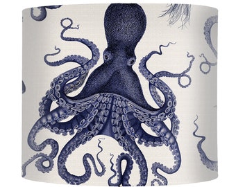 Blue and white Octopus Lampshade, blue octopus on white, nautical lamp shade for table lamp or pendant lamp, Coastal home decor beach house