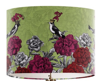 Green pink and red floral Lampshade, Blooming Birds Rhododendron, botanical lamp shade floral decor, bird lover decor bright green lampshade