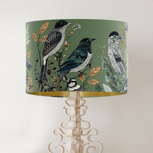 Fancy Flock Bird Lampshade, Green - Large lamp shade with gold lining, botanical lampshade for table lamp or pendant Designer lamp shade