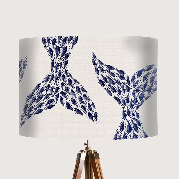 Navy Blue and White Nautical Lamp Shade - Whale Tail Drum Lamp Shade Coastal lampshade for table lamp or pendant lamp shade, beach house