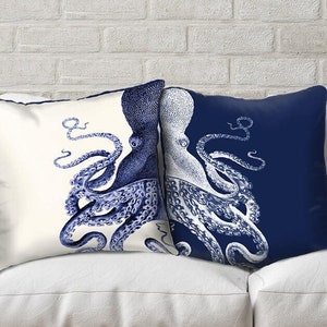 Set of 2 Octopus Pillow Cover - Navy Blue and White Pillow Nautical Pillow Nautical Decor Octopus Decor Beach House Decor Coastal Living