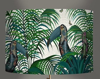 Tropical Toucan Lamp shade, Toucan decor jungle tropical decor, nursery lampshade, green palms lampshade tropical birds parrots, drum shade