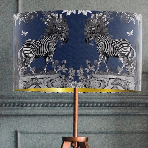 Blue Lampshade Zebra - Fabric lamp shade drum lampshade gold lined tropical decor navy blue and white decor statement shops linen large pendant