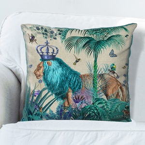 Lion Pillow cover blue pillow cover blue decor jungle pillow tropical decor lion cushion jungle cushion tropical pillow blue room decor kids image 2