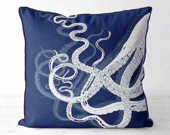 Set of 2 Octopus Pillow Cover Blue and Octopus Pillow Cover Blue and White