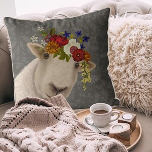 Pretty sheep farmhouse pillow, lamb accent pillow, sheep throw pillow farm animals pillows, sheep gifts, farm gifts, farm nursery, Bohemian image 4