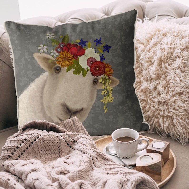 Pretty sheep farmhouse pillow, lamb accent pillow, sheep throw pillow farm animals pillows, sheep gifts, farm gifts, farm nursery, Bohemian image 4