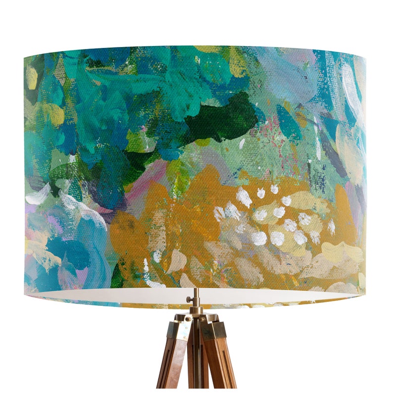 Celebrations Floral Lamp shade Drum lampshade, Blue floral lamp shade, abstract florals in blue and yellow image 4