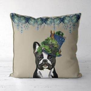 Französische Bulldogge Kissen, Bunter Hunde Kissenbezug mit Hut Illustration