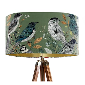 Fancy Flock Bird Lampshade, Green Large lamp shade with gold lining, botanical lampshade for table lamp or pendant Designer lamp shade image 7