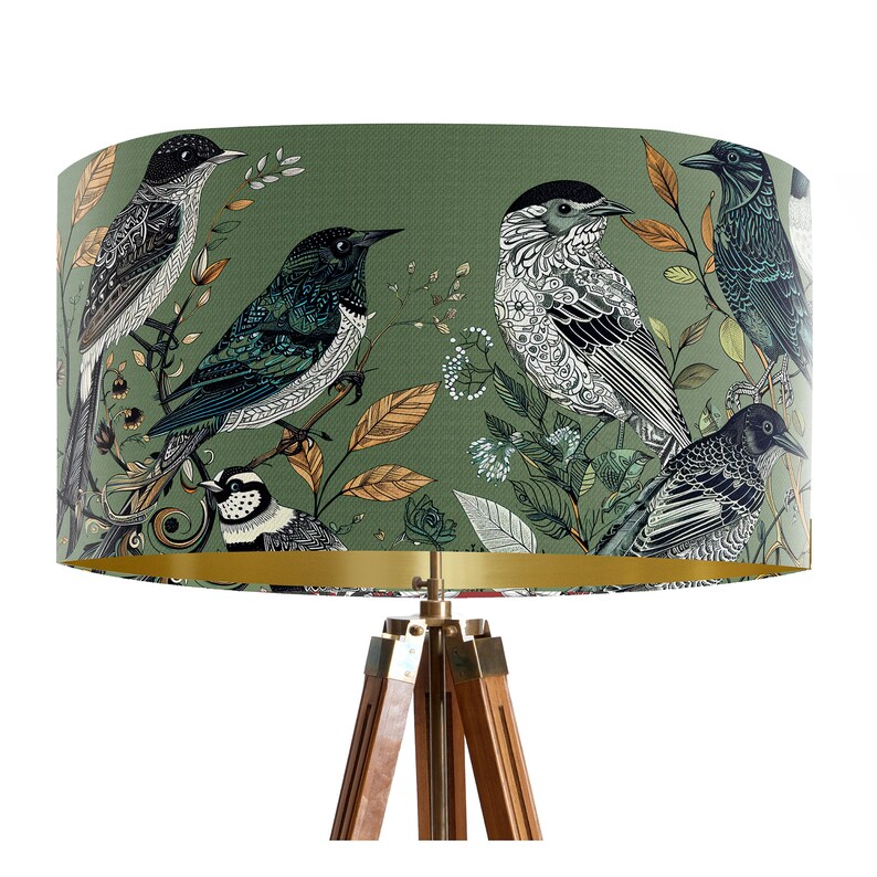 Fancy Flock Bird Lampshade, Green Large lamp shade with gold lining, botanical lampshade for table lamp or pendant Designer lamp shade image 7