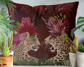 Leopard decor, leopard cushion cover, red jungle pillow, tropical decor, Leopard pillow jungle cushion, tropical pillow red pillow, designer