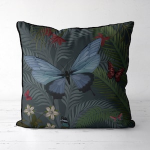Butterfly pillow cover - Butterfly Garden Moonlight 3 - botanical pillow, butterfly cushion cover, dark pink blue grey