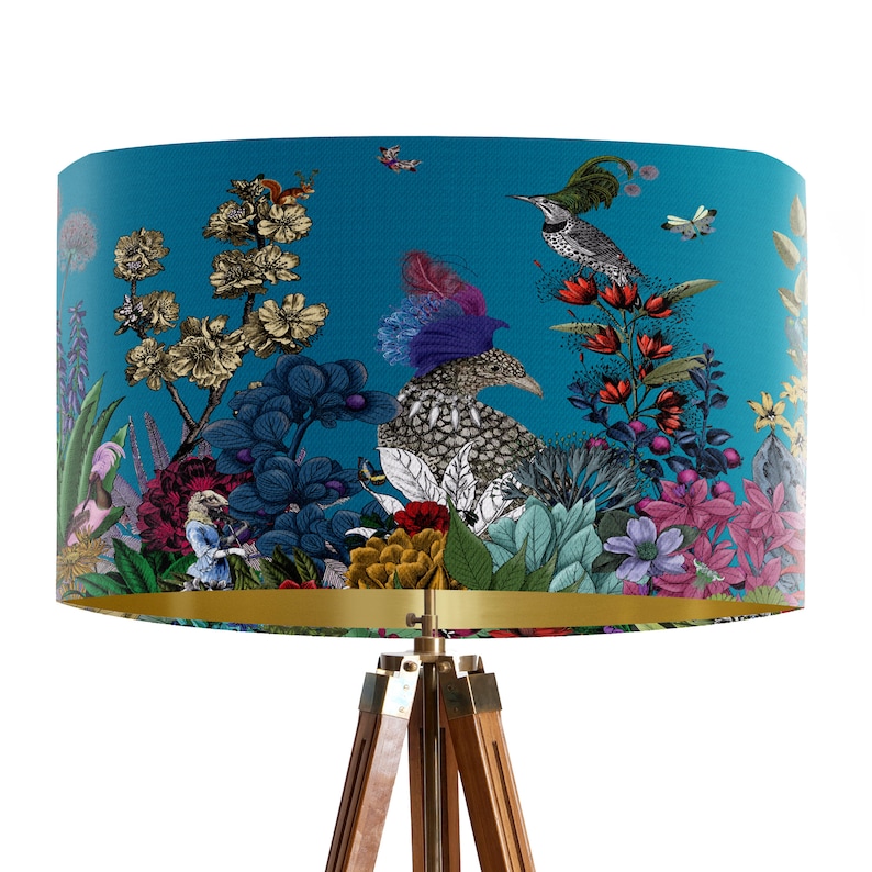 Glorious Plumes Bird Lampshade, Blue - Large lamp shade with gold lining, lampshade for table lamp or pendant, Designer fabric lamp shade image 3