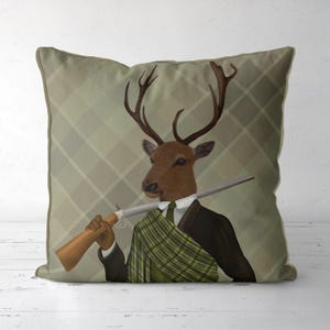 Stag portrait pillow cover, Scottish deer cushion cover with tartan details