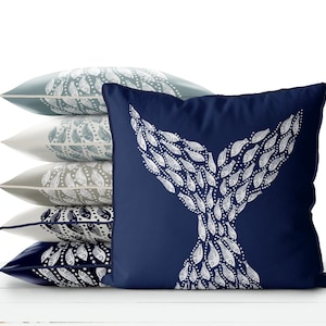 Whale Tail white on navy blue - Nautical pillow cover Modern coastal pillow cover navy Coastal throw pillow, Coastal style handmade designer image 1