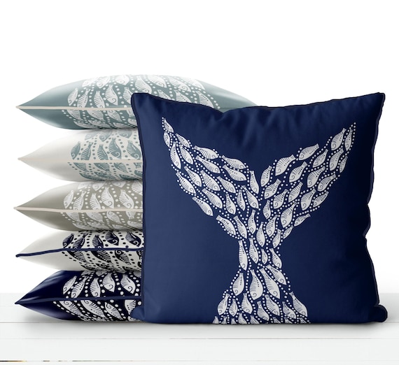 Whale Tail white on navy blue - Nautical pillow cover Modern coastal pillow cover navy Coastal throw pillow, Coastal style handmade designer