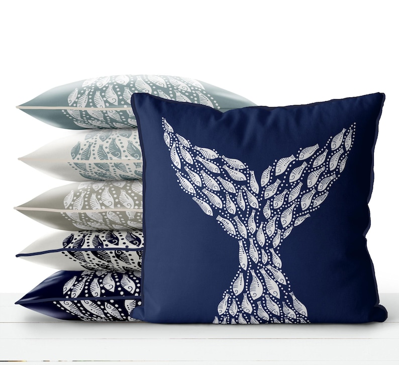 Whale Tail white on navy blue - Nautical pillow cover Modern coastal pillow cover navy Coastal throw pillow, Coastal style handmade designer image 1