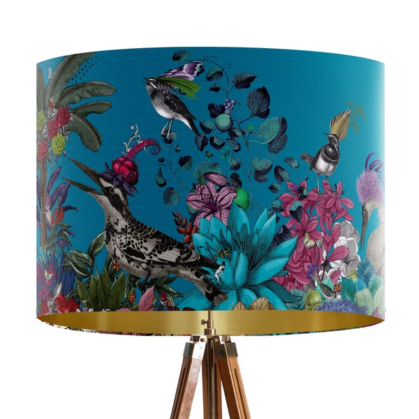 Glorious Plumes Bird Lampshade, Blue - Large lamp shade with gold lining, lampshade for table lamp or pendant, Designer fabric lamp shade