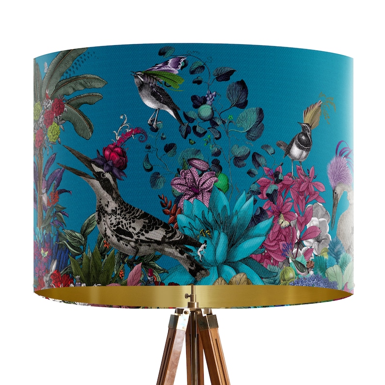 Glorious Plumes Bird Lampshade, Blue - Large lamp shade with gold lining, lampshade for table lamp or pendant, Designer fabric lamp shade image 1