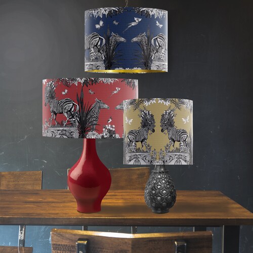 Red shops Lampshade Zebra design - Livoris Feritas - Unique designer fabric lamp shade drum lampshade gold lined tropical decor red and black gray