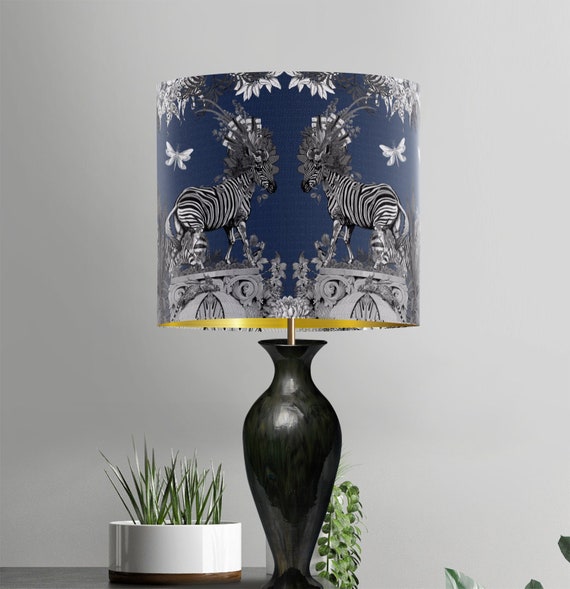 Navy Blue Lampshade Tropical Lion Fabric Lamp Shade Gold 