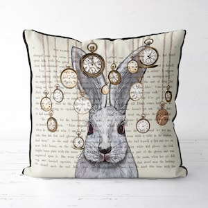 Alice in wonderland pillow cover - white rabbit pillow white rabbit cushion - alice in wonderland decor White rabbit print decorations