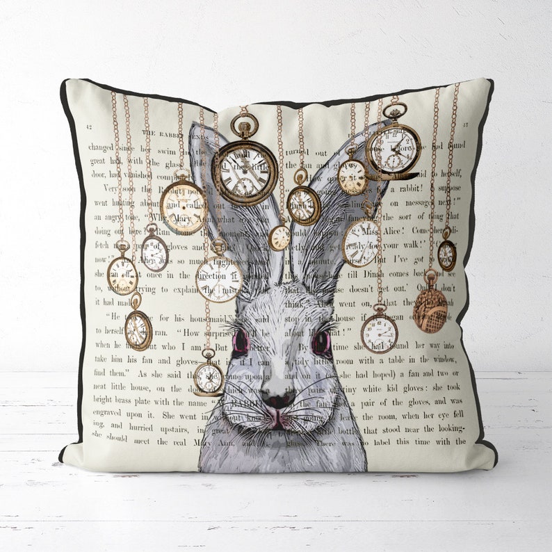 Alice in wonderland pillow cover white rabbit pillow white rabbit cushion alice in wonderland decor White rabbit print decorations image 1