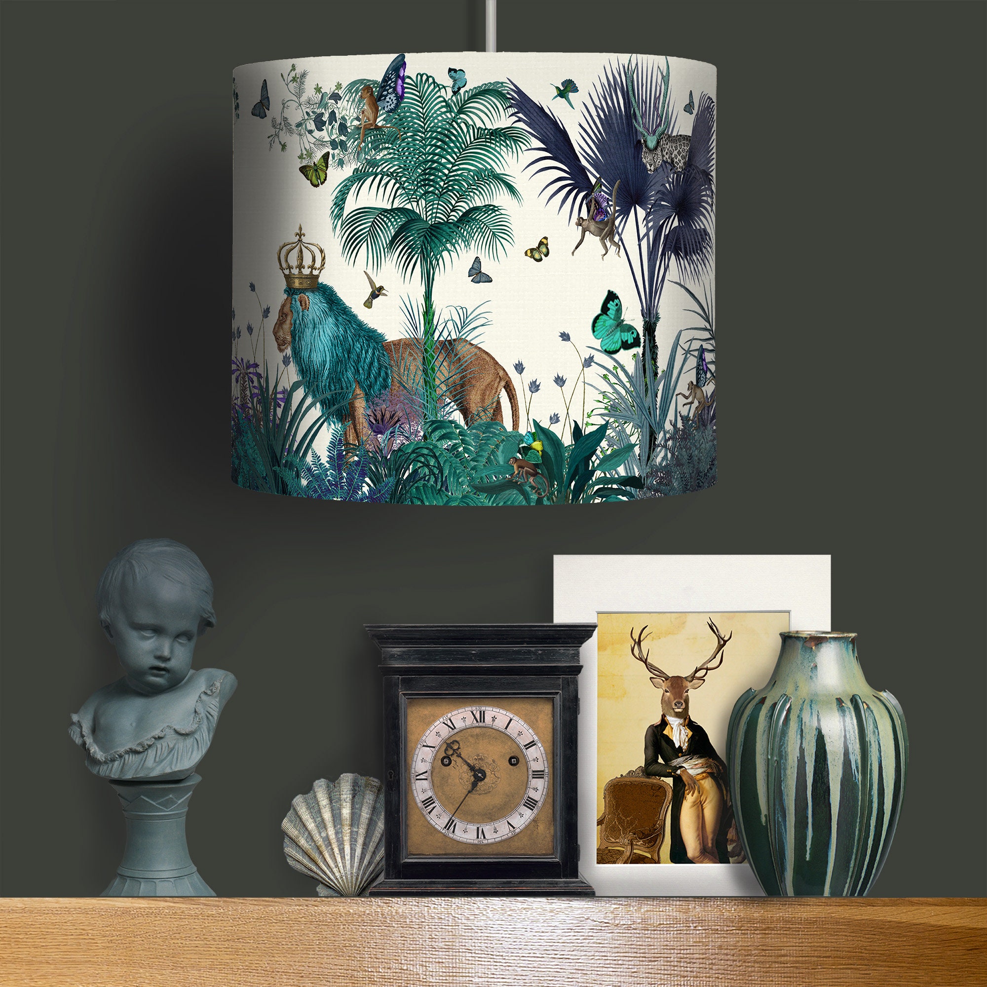 Navy Blue Lampshade Tropical Lion Fabric Lamp Shade Gold 