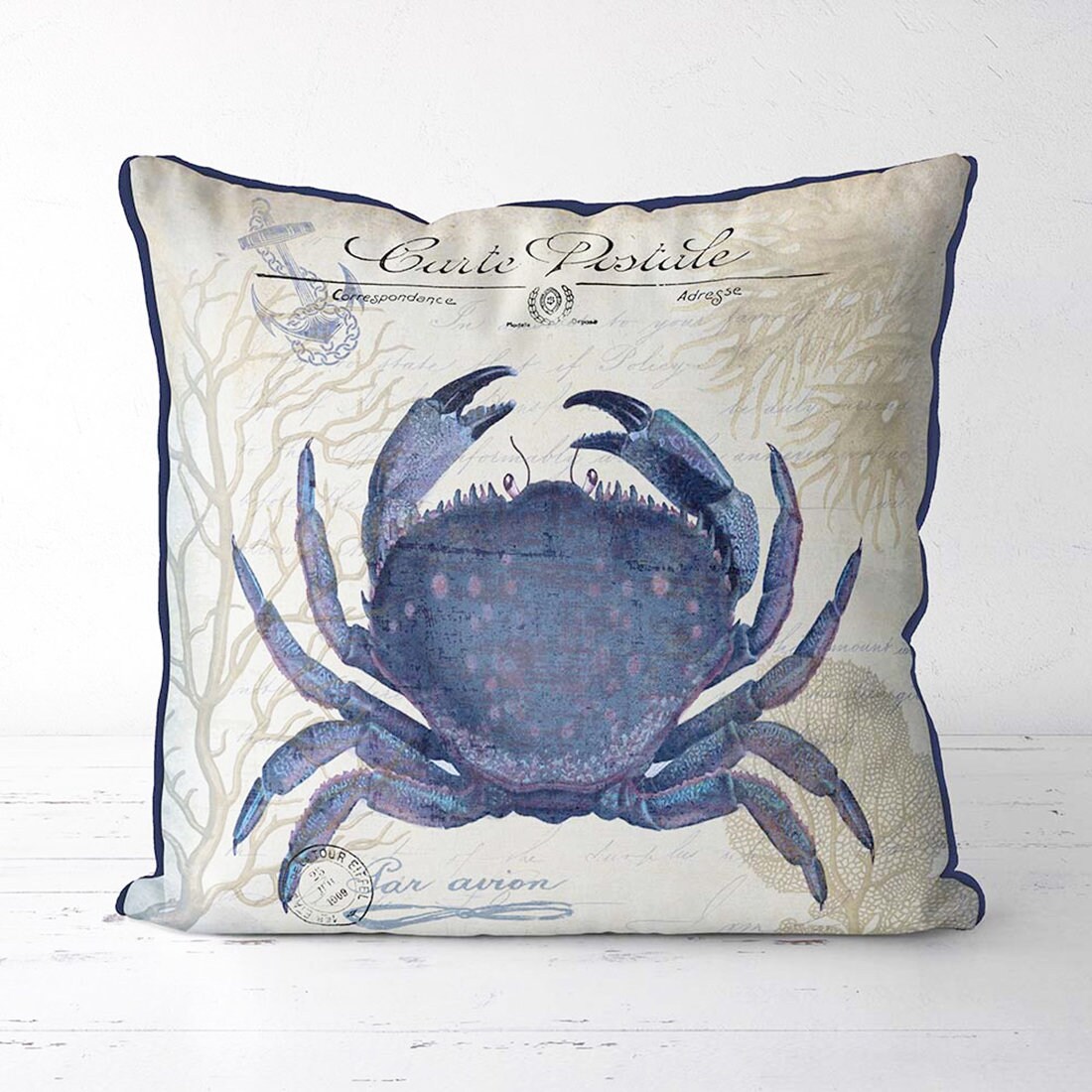 Blue Crab Chain Stitch Decorative Throw Pillow 18x18 (Insert Included)