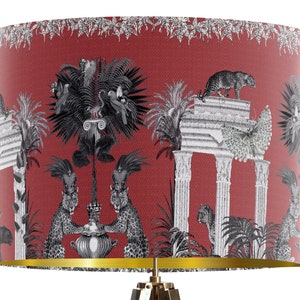 Tropical Jungle Lamp Shade Red with Leopard, gold lined drum lampshade for table or ceiling lamp maximalist fabric designer lampshade