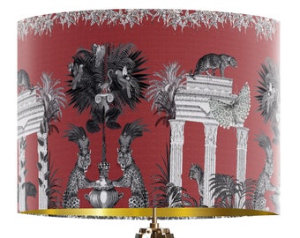 Tropical Jungle Lamp Shade Red with Leopard, gold lined drum lampshade for table or ceiling lamp maximalist fabric designer lampshade