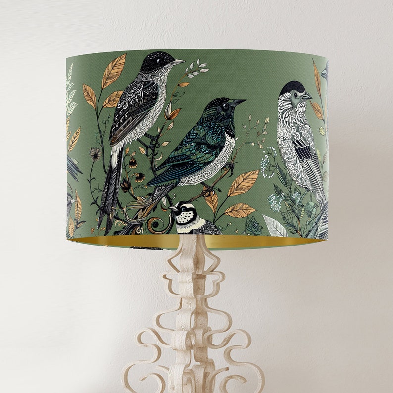 Fancy Flock Bird Lampshade, Green Large lamp shade with gold lining, botanical lampshade for table lamp or pendant Designer lamp shade image 1