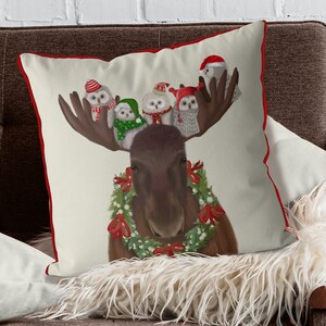 Moose Christmas pillow cover Moose and Owls Christmas cushion cabin decor moose gift moose cushion woodland animal accent pillow image 3